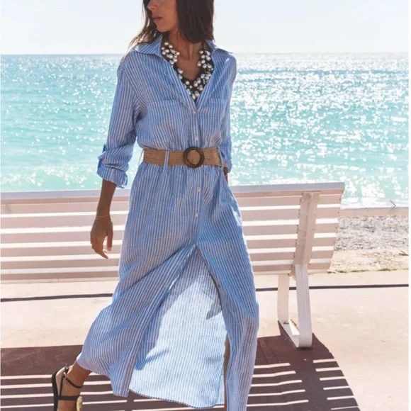 ZARA Trendy yet Classic Striped Linen Sky Blue Striped Maxi Dress🔥🔥🔥 - Picture 2 of 9